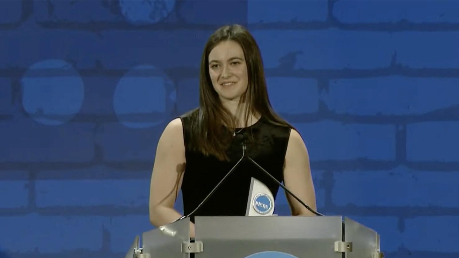 Alexandra Turvey accepting NCAA woman of the year award